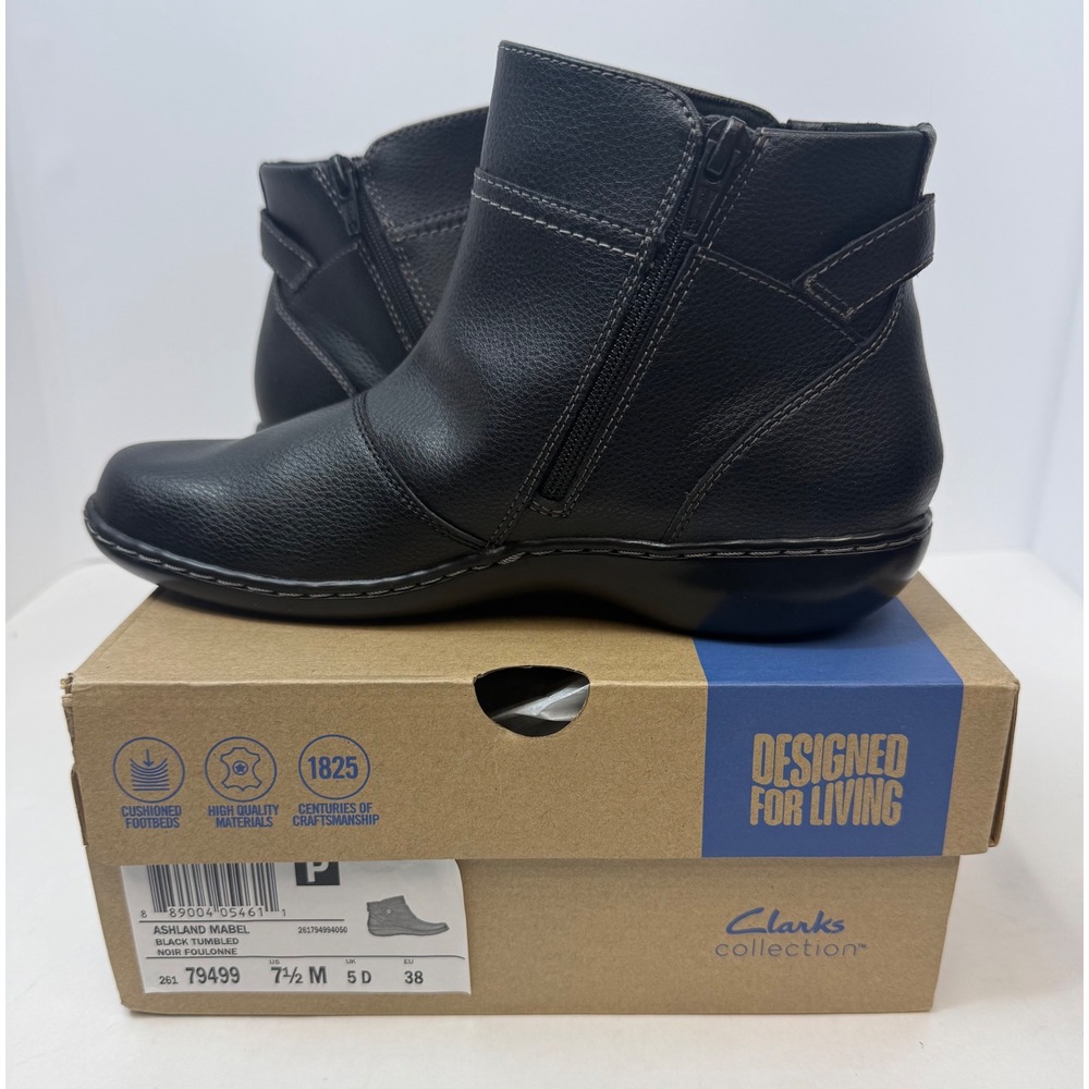 Clark's Ashland Mabel Flat Boots Bootie Black Size 7.5 Women Leather Fall Winter